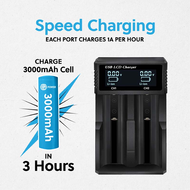 IP POWER Universal 2 Port Battery Charger LED Indicator: 3.7V Li-Ion / 1.2V Ni-Mh